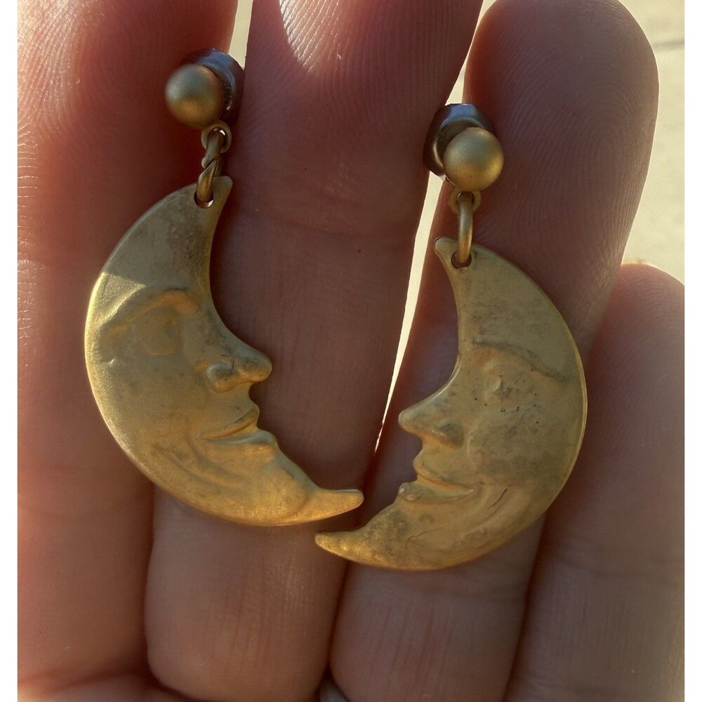 Vintage Man In The Moon Dangle Earrings Matte Gold Tone Celestial Witchy Fairy